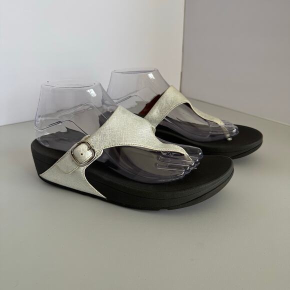 FitFlop Lulu Shimmerweave ToePost Sandals Silver Black Flip Flop Women Size 8 - Picture 2 of 10